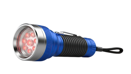 Blue LED Flashlight with Red Lights and Lanyard on transparent background