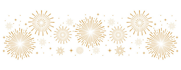 Elegant gold fireworks burst and sparkling stars on clean white background, festive celebration illustration for New Year, holiday party, greeting card, luxury event design, minimalist style vector. © bibin