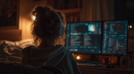 Woman wearing headphones coding on dual monitors at night