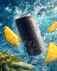 Pineapple soda can in water splash