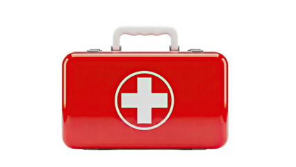 Red first aid kit with white cross and handle on transparent background