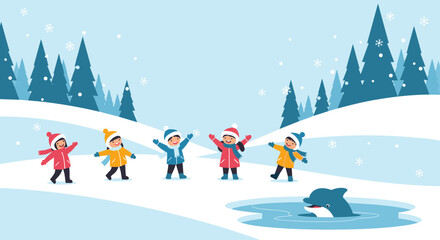 Children playing in the snow with a dolphin in a frozen pond.
