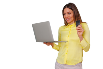 Woman online shopping holding laptop and credit card, making secure internet banking payments, transparent background
