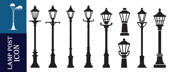 Set of various black vintage outdoor street lamps and lampposts with ornate details isolated on white