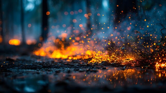 Ground-level view of a forest fire with burning embers and small flames on the forest floor with rain falling and dramatic orange blue contrast.