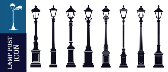 Fototapeta premium Set of black ornamental street lamp post icons on white background isolated on blue panel with text