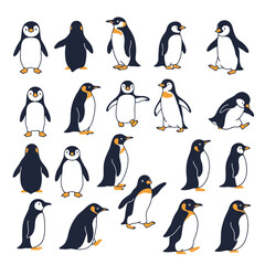 Obraz premium A collection of cute cartoon penguins in various poses and actions, depicted as simple illustrations on a clean white background.