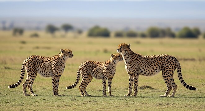 Three cheetahs standing in a grassy savanna under a clear sky day