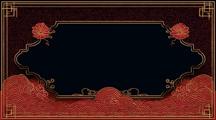 Elegant vintage floral background with an ornate gold frame and red flower patterns for a decorative vector invitation card design