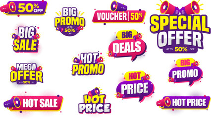 Colorful Sale Promotion Badges and Banners with Megaphone for Retail Marketing Vector Set