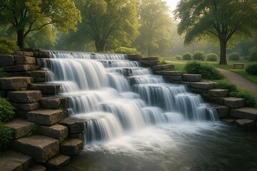 Park waterfall feature cascading over stone steps with soft mist rising.