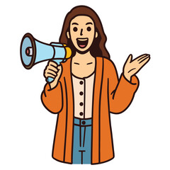 Announcement Character Clipart &ndash; Cartoon Person with Megaphone, Orange Cardigan, and Expressive Pose