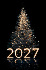 2027 Happy New Year celebration with golden numbers and decorated Christmas tree on festive background, modern holiday greeting card design for winter season celebrations and new year party decoration