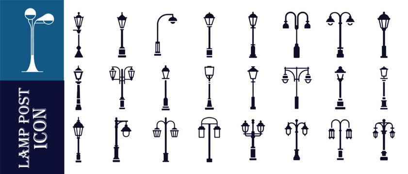 Set of black street light icons isolated on white background flat vector illustration for design