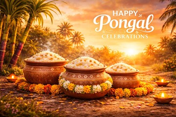 Traditional Pongal Celebration Scene with Multiple Rice Pots and Oil Lamps at Golden Sunset