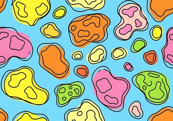 Bright, abstract organic shapes with black outlines on a blue background.