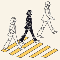 Retro illustration walking man street crosswalk flat design minimal style vintage band line art vector art nostalgic retro