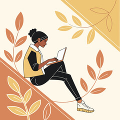 Woman laptop sitting leaf illustration, modern flat design warm color autumn vibe, creative calm focus concept