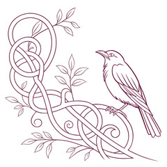 Line art bird branch leaf floral decorative outline nature elegant bird line art decorative floral branch with leaf detail