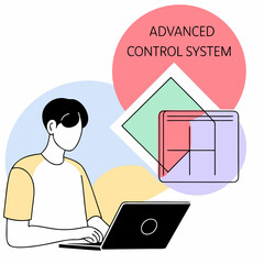 Advanced control system data automation engineer laptop illustration modern technology focused student works advanced control