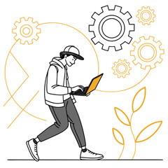 Young man laptop casual hoodie digital gear line art modern style minimal design tech concept creative focus