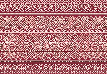 Obraz premium Horizontal bands of intricate, abstract pixel art patterns in maroon and cream.