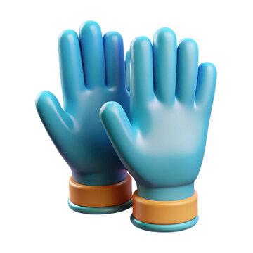 Realistic 3d rendering of bright blue medical gloves with orange cuffs for e-commerce presentation transparent background