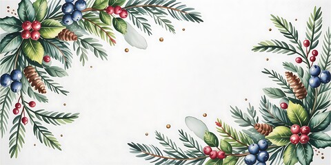 Festive christmas corner border with evergreen branches, berries, and pinecones