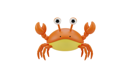 3D Cute cartoon crab character with big eyes on transparent background