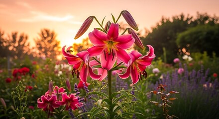 Pink lilies bloom at sunrise with colorful flowers in a garden.