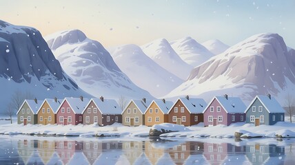 Picturesque village nestled by snowy mountains and a tranquil lake