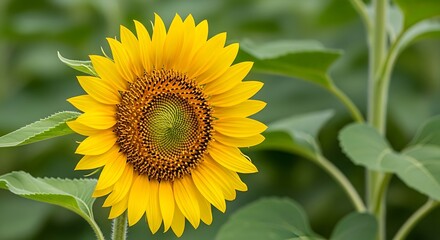 Obraz premium Bright yellow sunflower with intricate seed head blooms in a field.