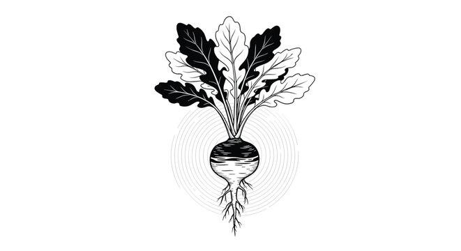 Striking black and white engraving of a turnip with lush leaves and roots, set against a background of fine concentric circles.