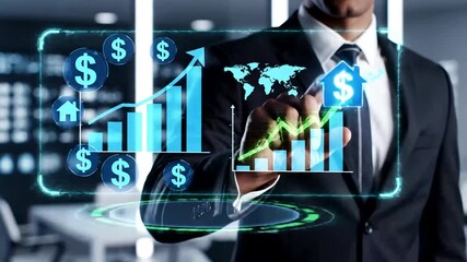 Businessman using an interactive holographic display for real estate investment analysis and market growth strategies. Visualizing financial data, global trends, and property management for enhanced.. - Powered by Adobe