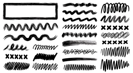Hand drawn brush stroke elements and shapes for design.