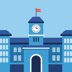 Blue school building with clock tower and flag under a clear sky