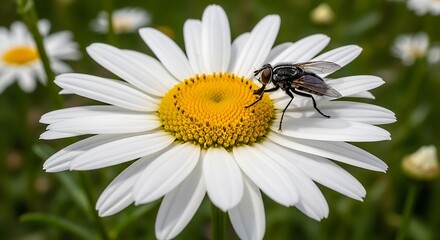 Obraz premium Fly lands on bright white daisy with yellow center.