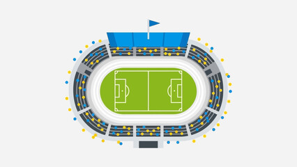 Overhead view of a green sports stadium with spectators and flag