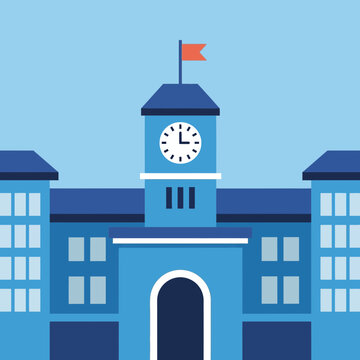 Blue school building with clock tower and flag under a clear sky