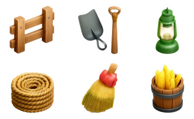 Retro Enamel Painted Farmhouse Tools and Accessories on Transparent Background