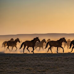 Herd of horses gallops across dusty terrain at sunset.