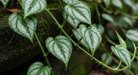 Water droplets on heart-shaped green leaves with silver markings.