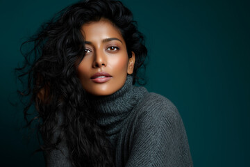 Beautiful Indian South Asian Woman Artistic Portrait Charcoal Sweater Teal Background Curly Hair Studio Headshot Confident Contemporary Fashion Creative Professional Elegant Copy Space