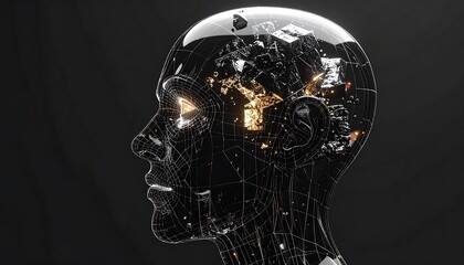 Wireframe human head with glowing fragments inside, against a dark background in a futuristic representation of AI