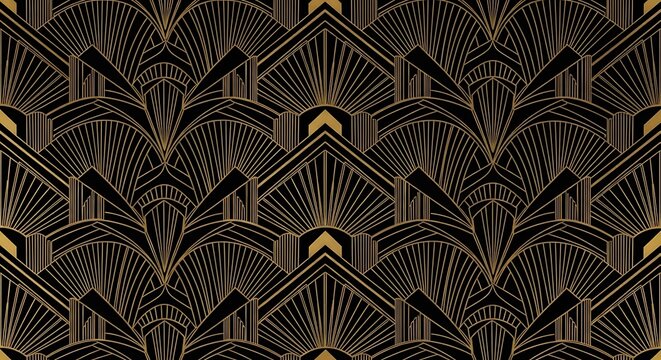 Elegant art deco geometric pattern in gold and black hues.
