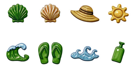 Glossy 3D Beach Symbols Set with Embossed Icons on Transparent Background