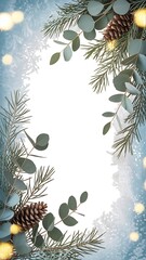 Christmas branch with eucalyptus and pinecones on a snowy background