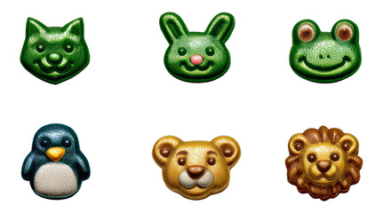 Cute 3D Glossy Animal Icons with Embossed Style on Transparent Background