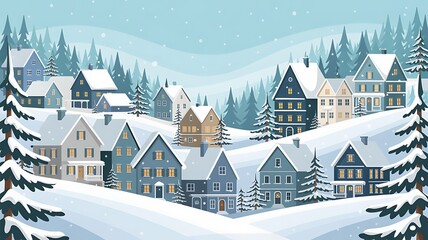 Cozy winter village nestled in snowy hills with evergreen trees