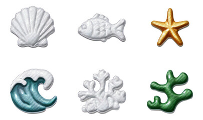 Glossy 3D Ocean Life Icons Embossed Style on Transparent Background